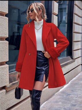 NEW - Red Faux Fur Cuff Coat Elegant Winter Skater Jacket